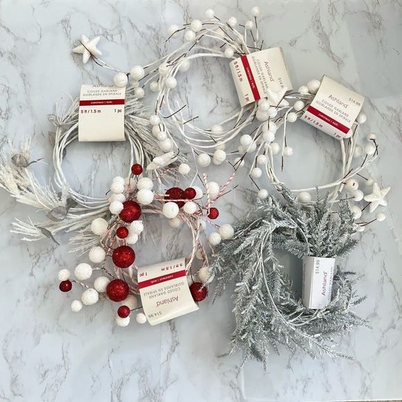 Ashland Coiled White, Silver, Red Holiday Garlands (Set of 5) Christmas Decor